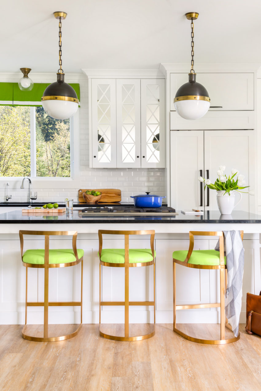 White kitchen design | Decorating with green | Interior Design by Maria Killam | Timeless and Classic Kitchen Design | White Shaker Cabinets